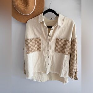 📦 102 2xl everyday chic button up denim checkered arms cream